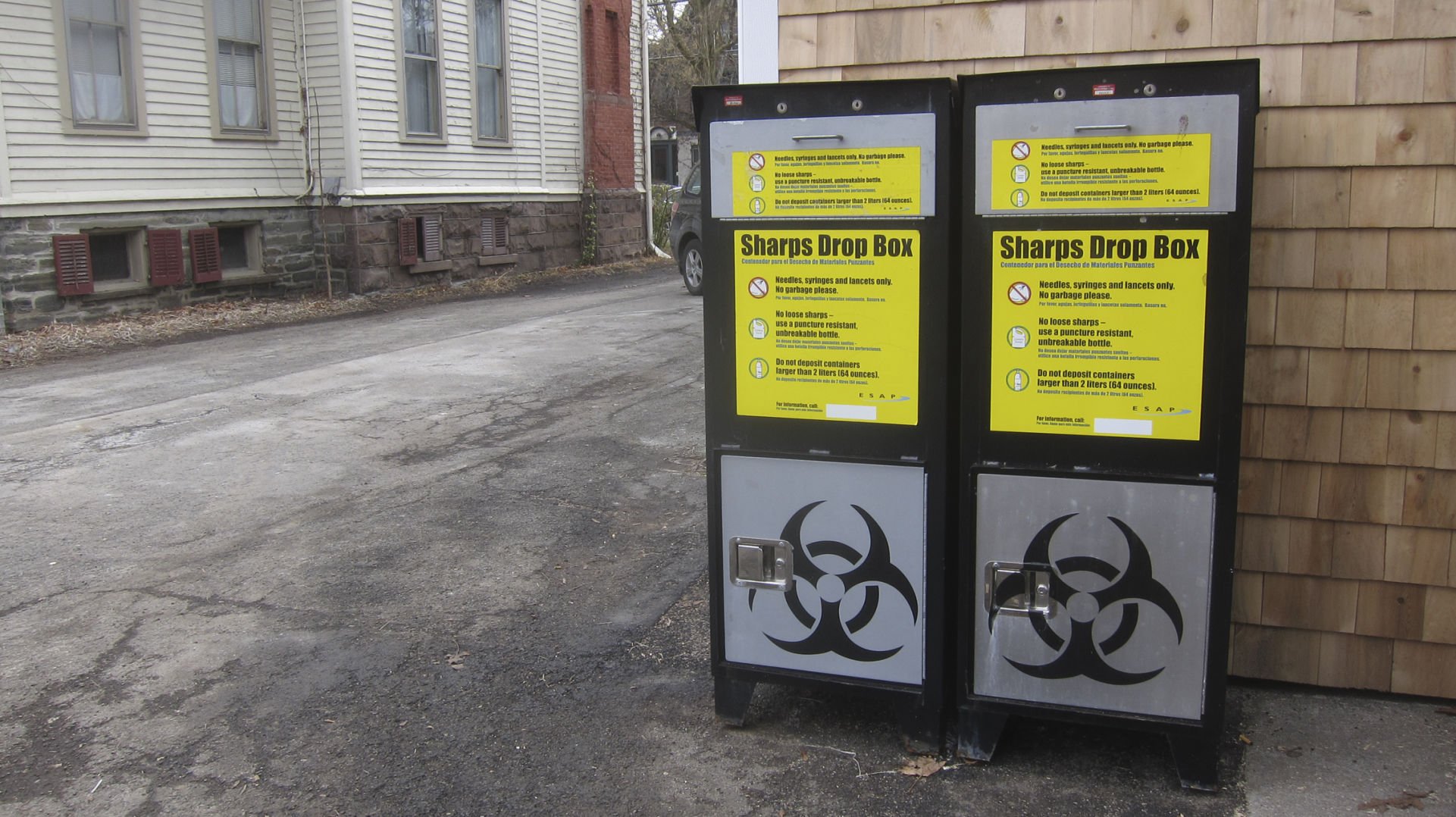 Sharps boxes outside Southern Tier AIDS Prevention office on West State